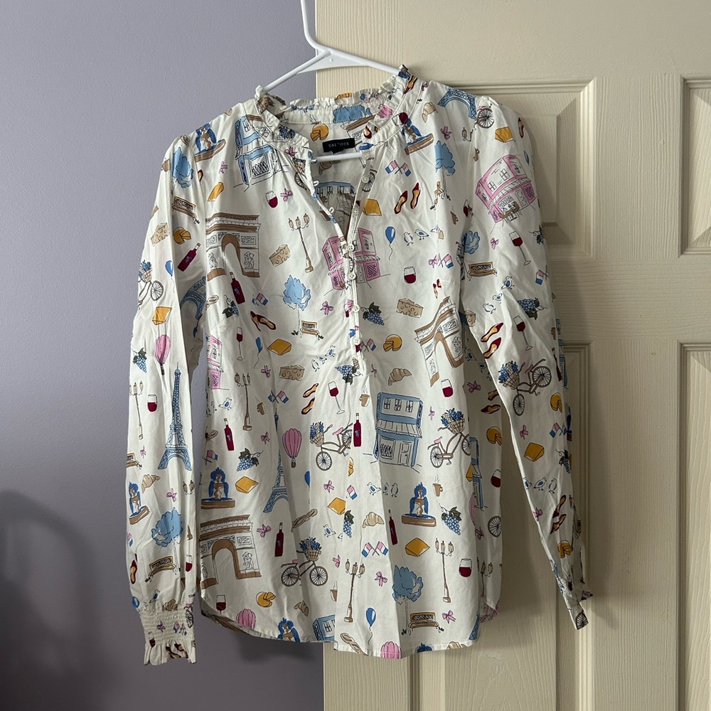 Colorful French Graphic Print Blouse